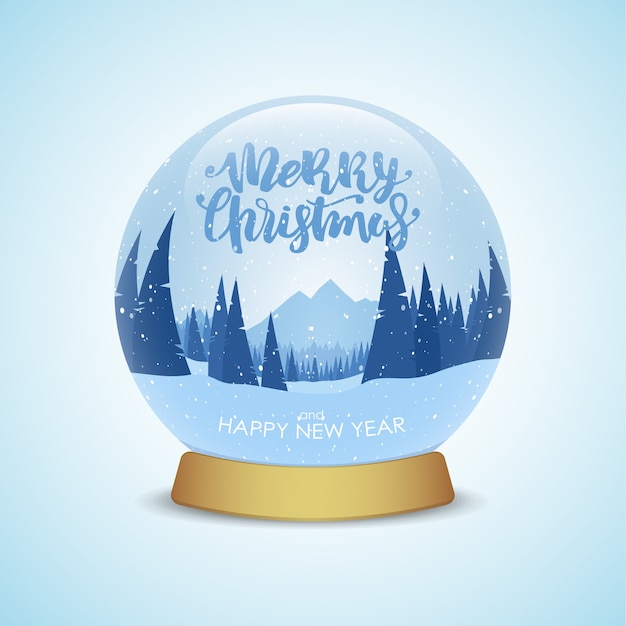 Merry Christmas and Happy New Year Snow globe with winter mountains landscape isolated on light blue background