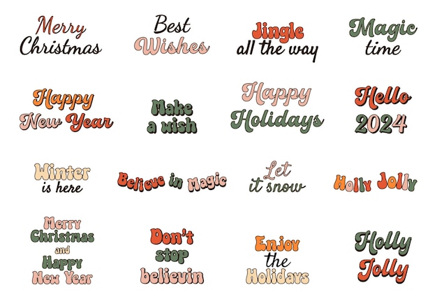 Vector merry christmas happy new year typography lettering badge emblems quotes set collection vector