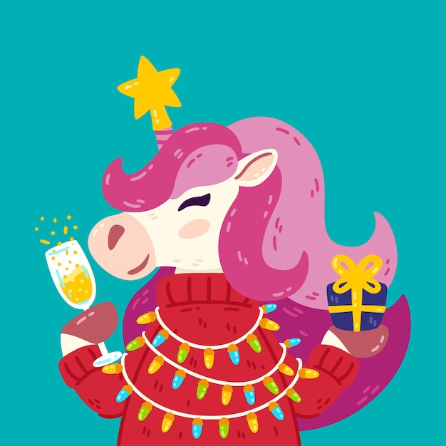 Merry Christmas and Happy new year unicorn with star glass of champagne sweater and present