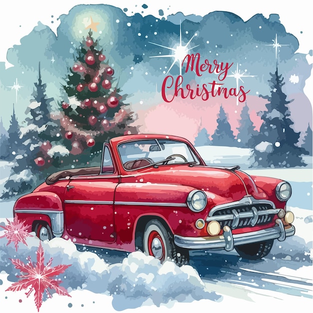 Merry Christmas and Happy New Year Vector watercolor illustrations of red retro car postcard poster