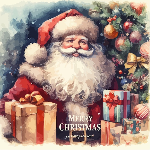 Merry Christmas and Happy New Year Vector watercolor illustrations of Santa Claus