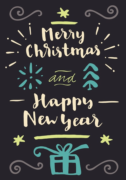 Merry Christmas And Happy New Year. Vintage hand lettering greeting card