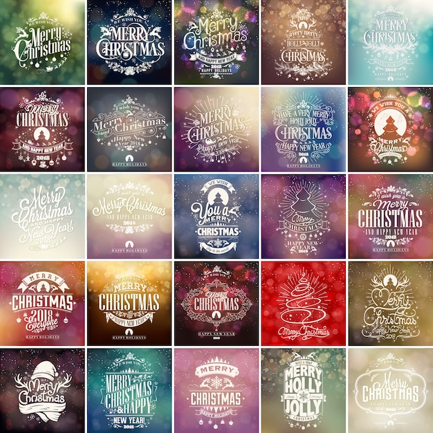 Merry Christmas And Happy New Year Vintage Vector Set Background With Typography