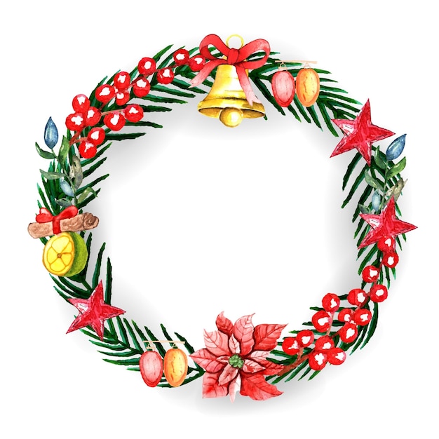 Merry Christmas and happy new year watercolor wreath with bell cherry star poinsettia orange bulb