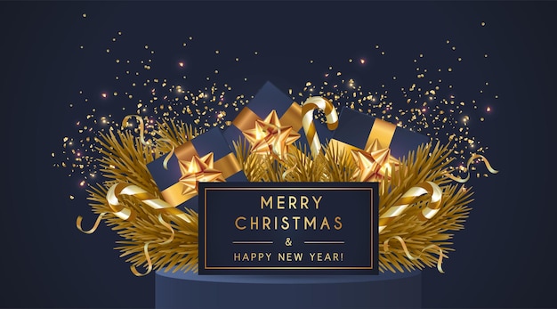 Merry Christmas and Happy New Year Winter holiday December Flying golden confetti Golden luxury