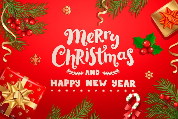 Merry Christmas and Happy New Year wishing on red background with traditional christmas decorations- gift box with gold bow, candy cane, spruce branch, snowflakes. Vector illustration.