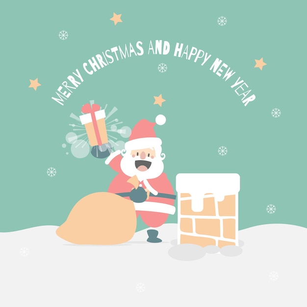 Merry christmas and happy new year with cute santa claus and present gift