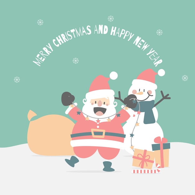 merry christmas and happy new year with cute santa claus and snowman in the winter season