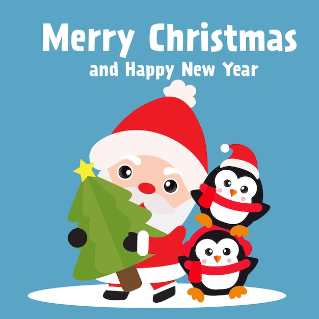 Merry christmas and happy new year with cute santa clause and friends card