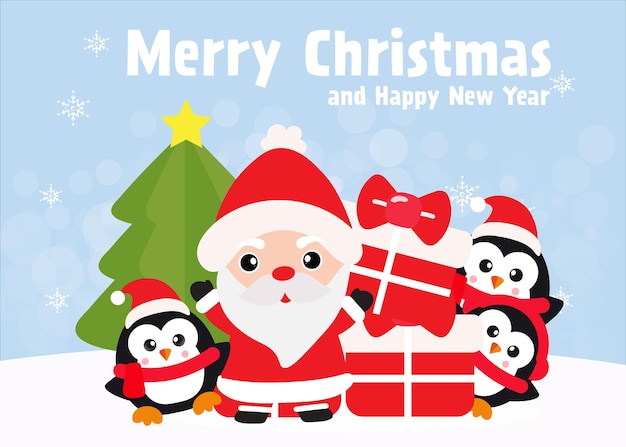 Merry Christmas and happy new year with cute Santa clause and friends