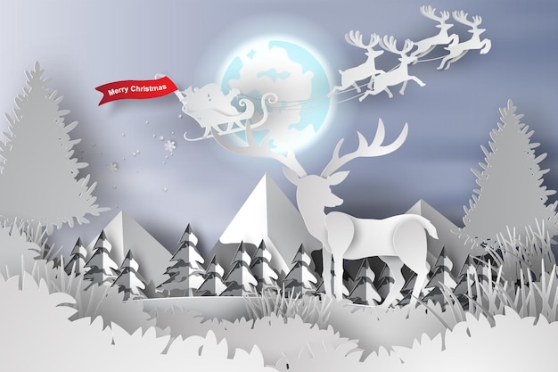 Merry Christmas and Happy new year with deer in the forest fullmoonCreative origami paper cut and craft styleGraphic winter season decoration conceptLandscape snowfall nightvector illustration