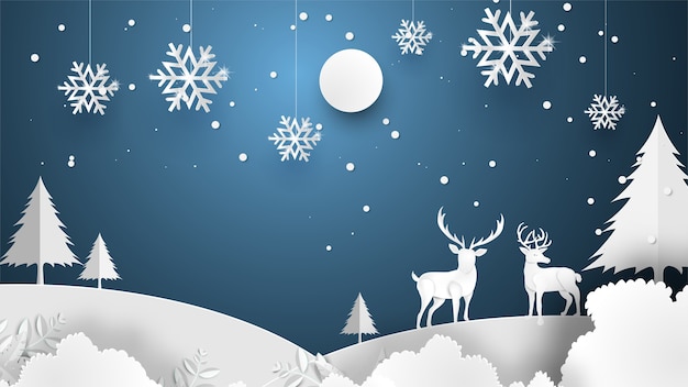 Merry Christmas and Happy New Year with deer night forest.