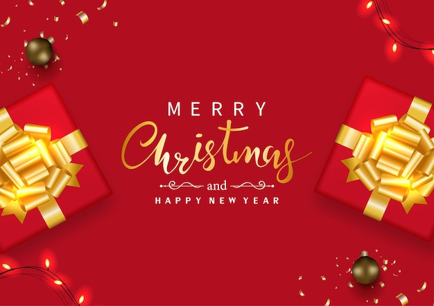 Merry Christmas and Happy New Year with Gifts and object decor on Red background.