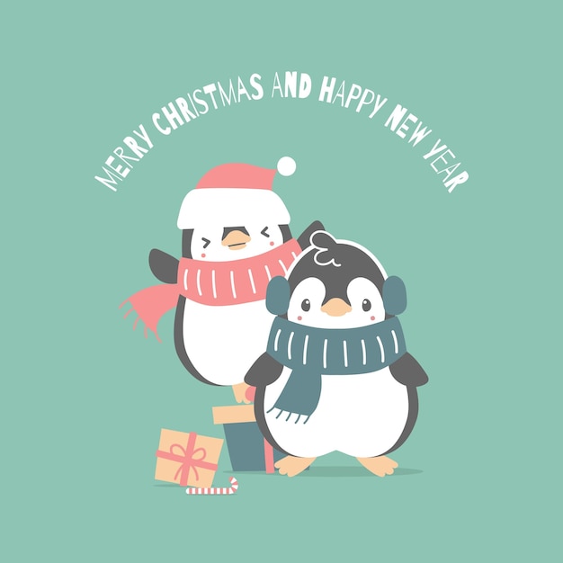 merry christmas and happy new year with penguin in the winter season green background