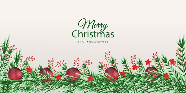 Merry Christmas and happy new year with watercolor flower background premium Vector