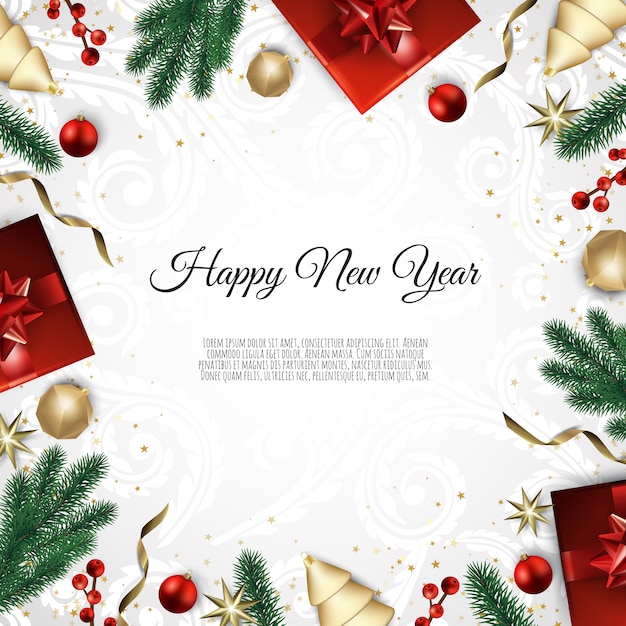 Merry Christmas and Happy New Year, Xmas background with gift box, Snowflakes and balls design,