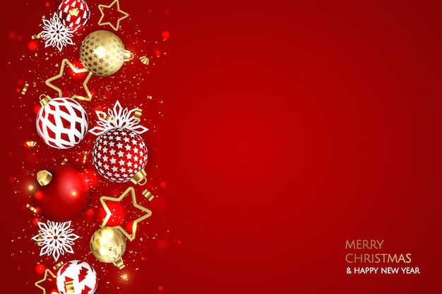 Merry Christmas and Happy New Year. Xmas background with Snowflakes and balls design.