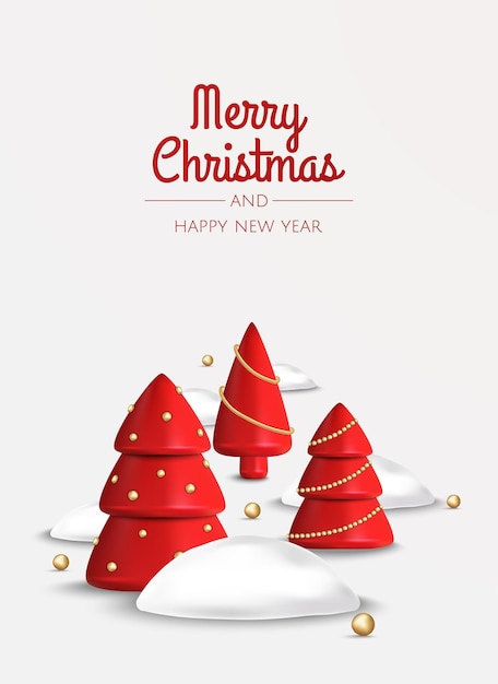 Merry Christmas and Happy New Year Xmas Festive background with realistic 3d objects red and gold xmas tree