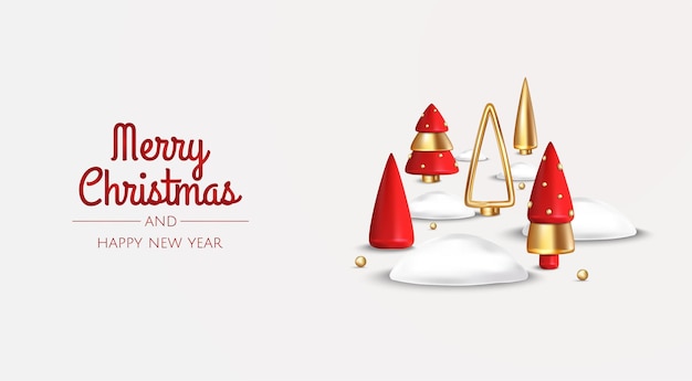 Merry Christmas and Happy New Year Xmas Festive background with realistic 3d objects red and gold xmas tree