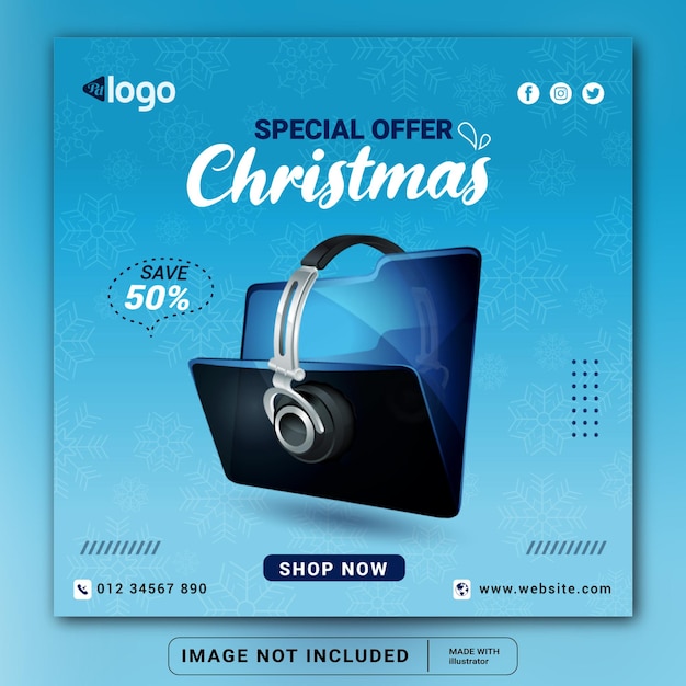 Merry Christmas headphone brand product social media banner design template or square flyer