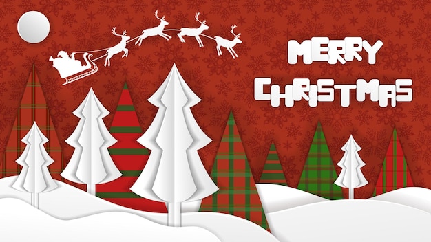 Merry Christmas holiday banner. Poster in cutout paper style. Spruce trees, snowdrifts