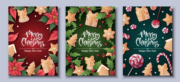 Vector merry christmas holiday cards flyers and invitations festive background with holly berries poinsettia decorated with gingerbread merry christmas and new year