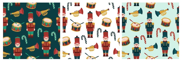 Merry christmas holiday cute drummer boy with drums and trumpet seamless pattern