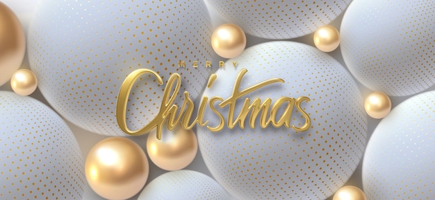 Merry Christmas holiday golden lettering sign with golden and white balls