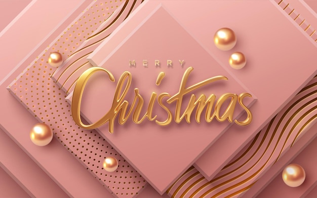 Merry Christmas holiday golden sign on geometric pink background