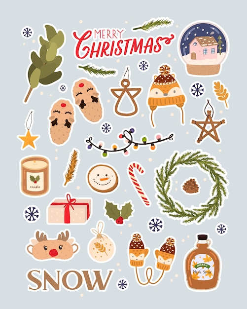 Merry Christmas holiday lettering and traditional Christmas elements. Big vector set for Christmas in scandinavian style. Scrapbooking, Stickers