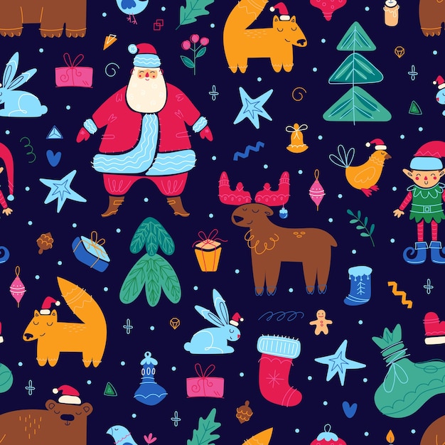 Merry Christmas holiday seamless pattern Happy New year wallpaper Cute festive illustration Vector