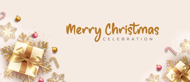 Merry christmas horizontal realistic banner with golden christmas element decoration