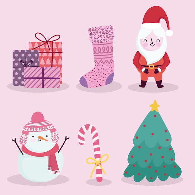 Merry christmas icons set santa snowman candy cane sock gifts and tree 