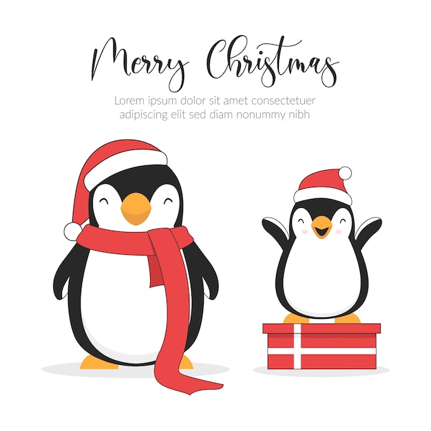 Merry Christmas illustration card. Cute penguin characters.