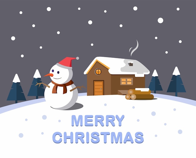 merry christmas illustration snowman house wood suitable for postcard wallpaper or motion graphic