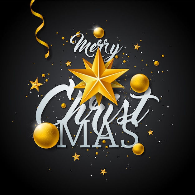 Merry Christmas Illustration with Gold Glass Ball and Star