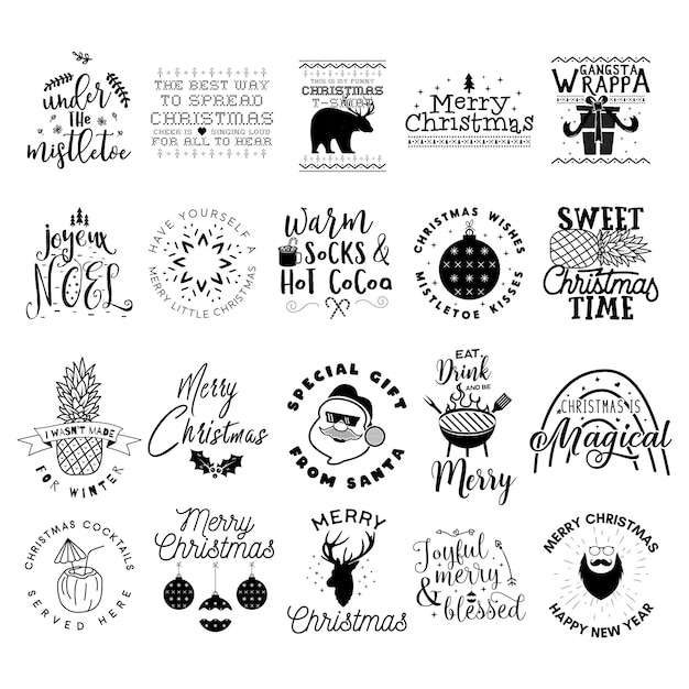 Merry Christmas lettering designs set on dark background Holidays quotes Stock vector Christmas typography and calligraphy arts for tshirt printing