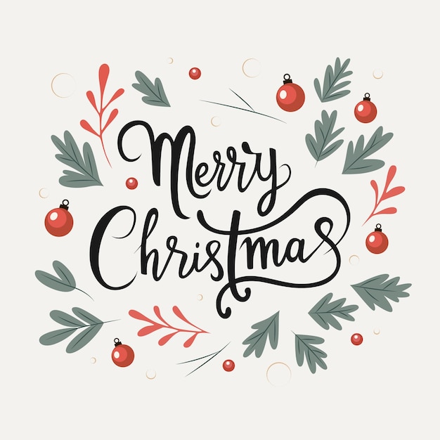 Vector merry christmas lettering with doodle leaves and baubles vector design