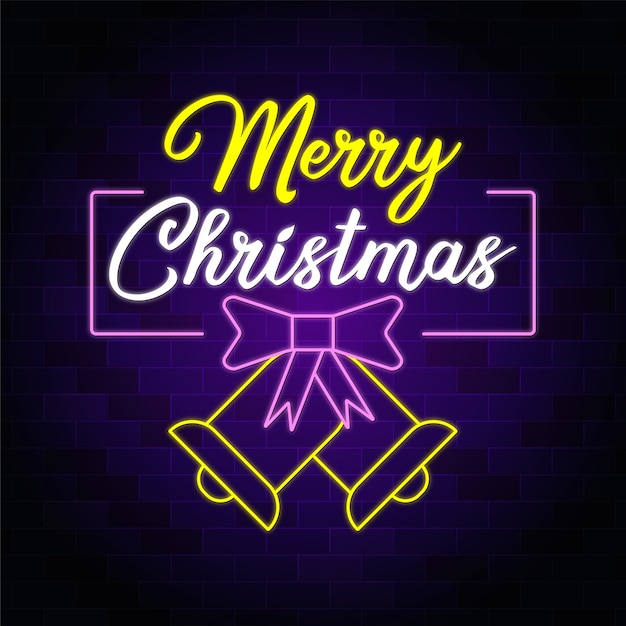 Merry christmas neon sign with christmas bow tie and bell