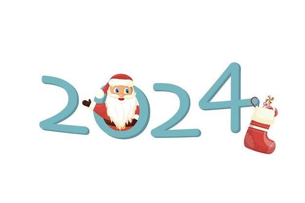 Merry Christmas and New Year 2024 card template with cute Santa Claus