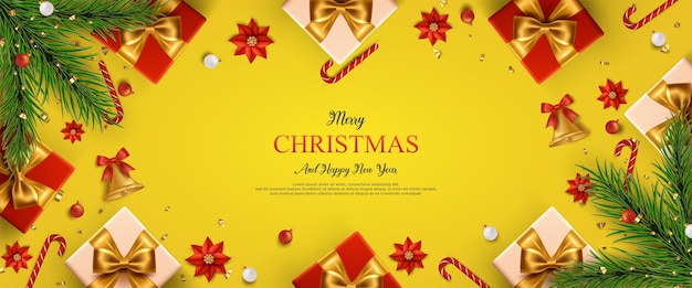 Merry christmas and new year card with realistic ornaments