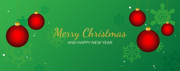 Merry Christmas and New Year card with red hanging ball decoration and snowflakes on green gradient