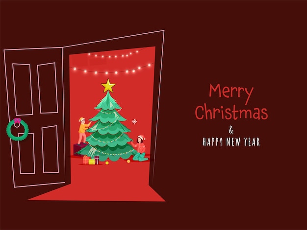 Merry Christmas And New Year Concept With Kids Decorating Xmas Tree In Interior View On Dark Red Background.