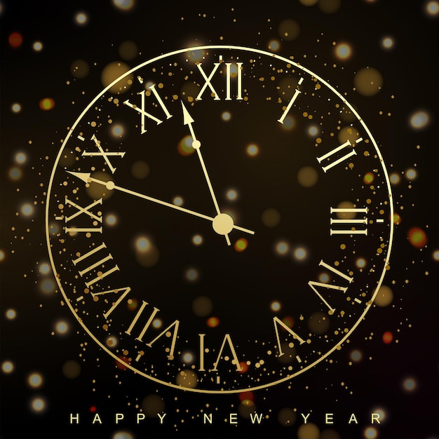 Merry Christmas and New Year gold watch with with bright lights and golden sparkles. Vector.