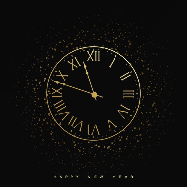 Merry Christmas and New Year gold watch with with bright lights and golden sparkles. Vector.