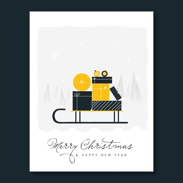 Merry Christmas And New Year Greeting Card With Vector Gift Boxes Over Ice Sleigh On Gray And White Xmas Tree Background