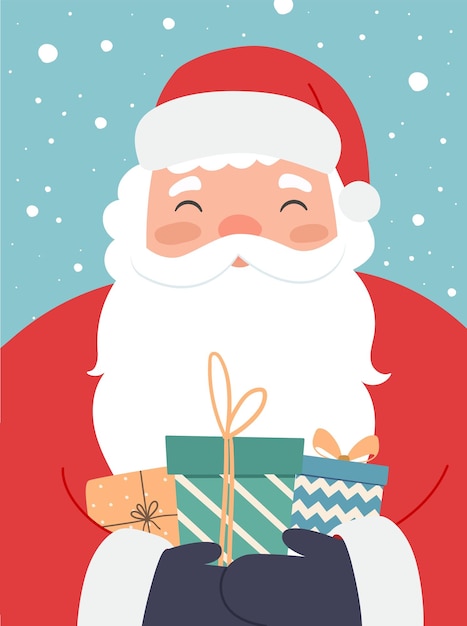 Merry Christmas and New Year postcard greeting card with funny Santa Claus and gifts