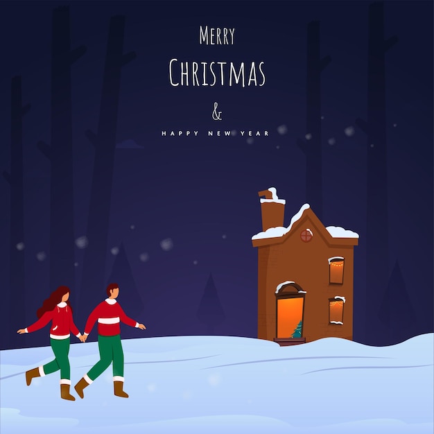 Merry Christmas And New Year Poster Design With Chimney House And Young Couple Walking On Blue Snow Background.