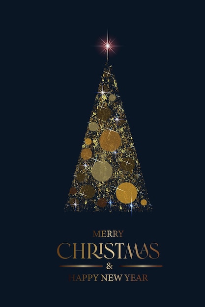 Vector merry christmas and new year vector greeting card with a greeting inscription calligraphic handmade golden festive inscription with golden christmas tree