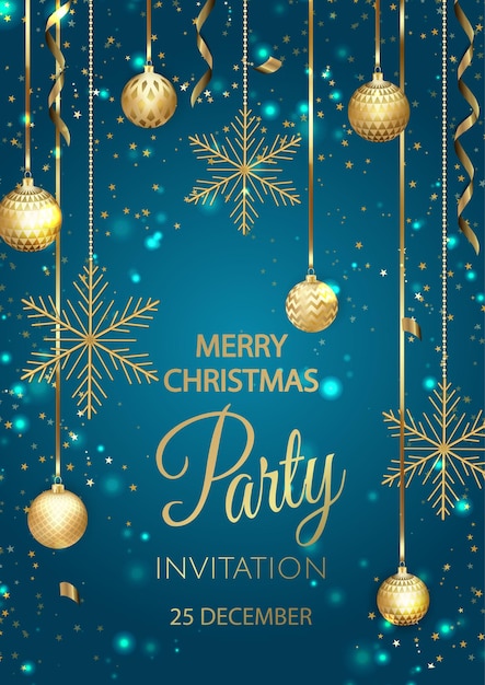 Merry Christmas Party invitation. Happy New Year card Decoration. Winter background. Seasonal holidays.